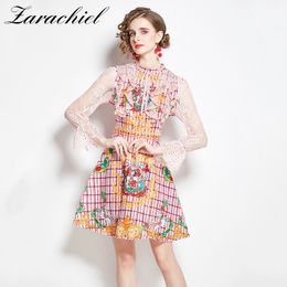 Summer Sweet Ruffles Lace Patchwork Pink Jacquard Women Flare Sleeve Stand Collar Bow Ribbon Flower Print Mini Dress 210416