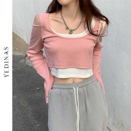 Yedinas Off Shoulder Crop Tops Women Knitted Sweater Female Slim Short Sweaters Pink Bodycon Long Sleeve Casual Solid Basic Top 210527