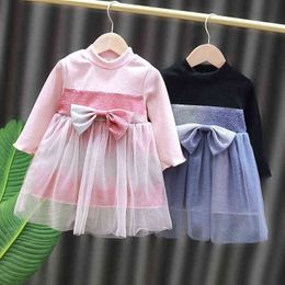 Jumping Metres Spring Cute Bowknot Long Sleeve Girls Dress Clothes Round neck Net-yarn Children Cotton Casual Dresses 1-4years G1215