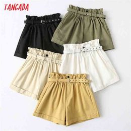 Tangada Women Elegant Solid High Waist Shorts with Belt Pockets Female Retro Basic Casual Pantalones YU24 210719