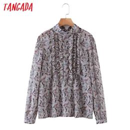 Women Retro Flowers Print Pleated Bow Tie Chiffon Long Sleeve Chic Female Elegant Shirt Tops SL235 210416