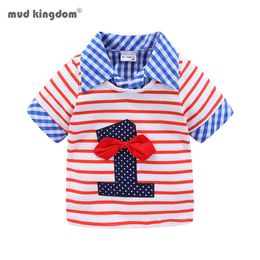 Mudkingdom Toddler Boys Birthday T-Shirts Summer Short Sleeve Striped Digital Pattern Patchwork Lapel Tops for 210615