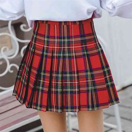 High Waist Lattice Pleated Skirt Women Harajuku Fashion Acrylic Loose All-Matching Plaid Skirt Female Sweet Colour Girls Skirt 210412