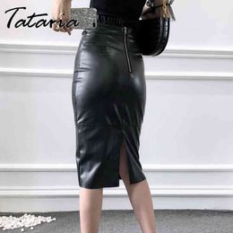 1Women PU Leather Skirts Pencil Spring Autumn Office Work Wear High Waist Knee Length Bodycon Midi Skirt with Back Zipper 210514