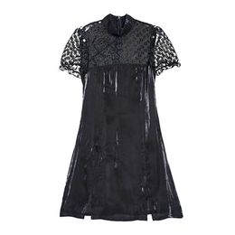 Возможно, у женщин черный твердый сетка мандарин шеи слойки рукав с коротким рукавом линия мини-платье лето пляж женский китайский стиль D1964 210529