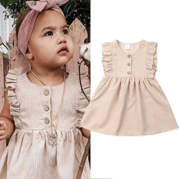 2-6T Cute Baby Girls Dress Solid Beige Button Princess Dresses For Girl Clothes Newborn Baby Girls Summer Dress Kids Clothing Q0716