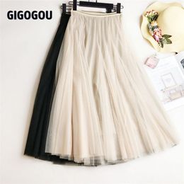 GIGOGOU Summer Mesh Women Pleated Skirt Solid High Waist A Line Tulle Skirts Chic Long Maxi Tutu Skirt Holiday Beach Tulle Skirt 210330