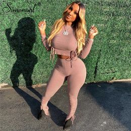 Simenual Fitness Drawstring Long Sleeve Bodycon Two Piece Sets Women Fall 2021 Casual Crop Top And Ruched Pants Matching Set Hot Y0625