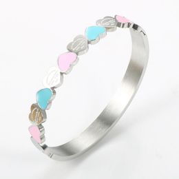 Luxury Designer Gold Colour Blue and Pink Enamel Forever Love Heart Charm Bangle bracelet for Women Girlfriend Promise Wedding Jewellry Gifts