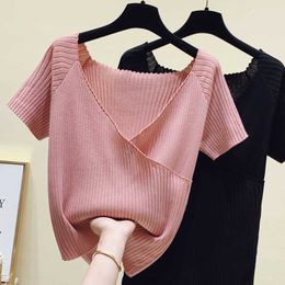 Fancy Knitted Sweater Women Elegant Summer Thin Short Sleeve Square Backless Chic Shirts Vintage Streetwear Sweaters Pull 210604