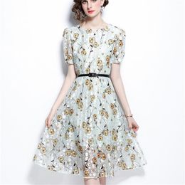 Elegant Floral Print Party Dress Women Summer O Neck Long Vintage Short Sleeve A-Line Ladies 210603