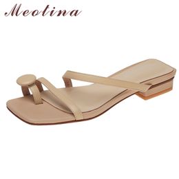 Narrow Band Real Leather Low Heel Slippers Flip Flops Women Shoes Square Toe Thick Slides Summer Sandals Apricot 40 210517