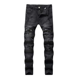 Men's Jeans Drop Shipping Biker Ripped Denim Pants With Zippers Pleated Straight Skinny Men Retro Trousers Y2303