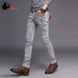 Jeans Men Young Fashion Trend Korean Style High Street Streetwear Skinny Slim Fit Button Denim Pant Male Trouser Black Blue 210622