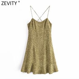 Zevity Women Sexy Leopard Print Hem Ruffles Sling Mini Dress Female Chic Side Zipper Vestidos Summer Beach Dresses DS8321 210419