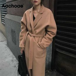 Aachoae Lady Solid Long Wool Coat Batwing Long Sleeve Elegant Office Jacket Female Turn Down Collar Casual Coat Women 211019