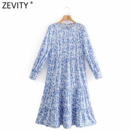 Women Vintage O Neck Blue Floral Print Midi Dress Female Chic Long Sleeve Pleats Casual Slim Kimono Vestido DS8157 210416