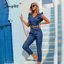 Elegant Blue Denim V-neck Women Casual Summer Ruffle Button Jumpsuits High Waist Office Ladies Jumpsuit 210414