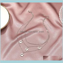 Pendants Jewellery 15Pcslot European Three Layers Animal Footprint Pendant Necklaces Alloy Gold Paw Print Clavicle Chain For Women Dress