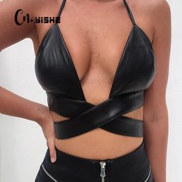 CNYISHE Sexy Halter Backless Caims Women Camisole Deep V-neck Bandage Hollow Out Crop Tops Female Blusas Streetwear Korean Style 210419