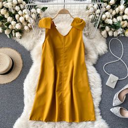 SINGREINY Women French Sweet Tank Dress Design Bow Sleeveless V Neck Casual Dresses Summer Fashion Streetwear Mini Dress 210419