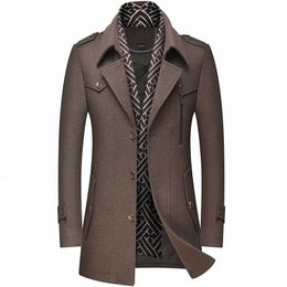 Men's Clothing Fashion Trench Coat Thicken Men's Woolen Jacket Scarf Collar Mid-length Coat Winter Warm Overcoat Male Clothes 211122