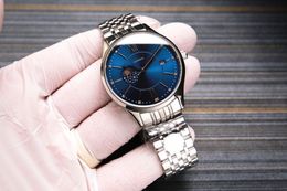 Business Men Automatic Mechanical Watches Stainless Steel Geometric Sun and Star Wristwatch Male Silver Blue dial 39mm