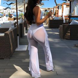 Ruffle bikinis Mujer Sexy transparent swimsuit female Fashion summer beach wear See-through Cover up bottoms Long Trousers