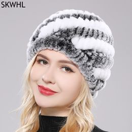Lady Real Rex Rabbit Winter Fur Hat For Women Russian Knitted Cap Headgear Winter Warm Women Beanie Hats