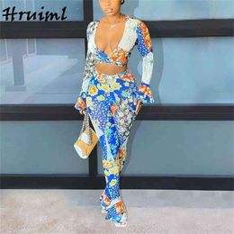 Vintage Floral Print Two Piece Outfits Sets Women Ruffles Long Sleeve Hollow Crop Top Full Length Pants Set Sexy Club Clothes 210513