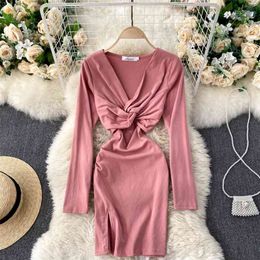 Autumn Long Sleeve Women Dress Korean Fashion Cross Twist Deep V-neck High Waist Slim Mini Bodycon Party 210603