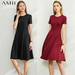 Spring Summer Causal Dress For Women Fashion Solid Oneck Slim Fit Knee-length Female 12060032 210527