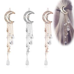 -Moda Elegante Donne Lady Moon Rhinestone crystal nappa a catena lunga perline ciondolo per forcella capelli clip accessori per capelli gioielli