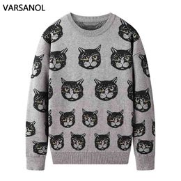 Varsanol Cartoon Cat Mens Sweaters Clothing Winter Warm Knitted Sweater Casual Pullovers Cotton Clothes Long Sleeve 210918