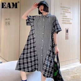 [EAM] Women Black Big Size Plaid Spliced Casual Dress Lapel Short Sleeve Loose Fit Fashion Spring Summer 1DD7404 21512