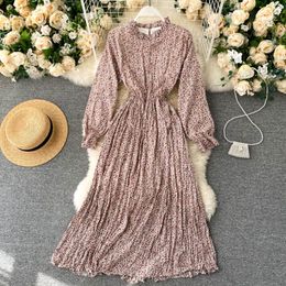 Women Bohemian Floral Dress Autumn French Retro Stand Collar Long Sleeve Dresses Casual Romantic A-line Holiday Dress 210419