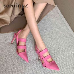 SOPHITINA Sandals Woman Sexy Mature Hollow Out On Strap Slip On Genuine Leather Solid Pointed Toe High Thin Heel Shoes PO1046 210513
