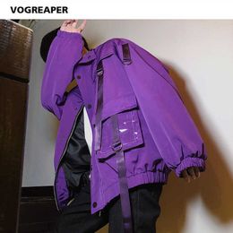 Men Streetwear Mulit-Pockets Ribbons Jacket Windbreaker Harajuku Black Purple Hip Hop Jackets Hipster Cargo Outwear Coats 211009