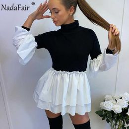 Nadafair Ruffles Puff Sleeve Party Dress Women 2021 Fashion Turtleneck Patchwork Shirt Dress Casual A-Line Mini Sexy Woman Dress Y1006