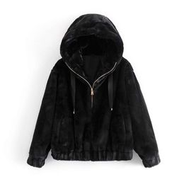 Causal Women Black Faux Fur Coats Fashion Ladies Zipper Jackets Streetwear Female Thick Hooded OuterCoat Chic Girl Coat 210928