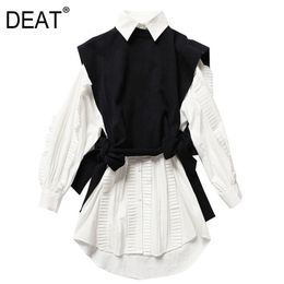 DEAT spring fashion women clothes round neck sleeves knits vest turn-down collar ruffles single breasted dress WE12800M 210428
