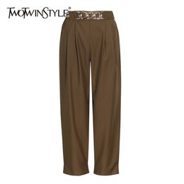Casual Patchwork Chain Pants For Women Straight Loose Solid Wide Leg Trousers Female Fashion Clothing 210521