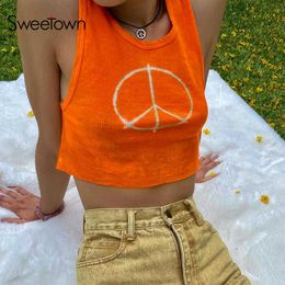 Sweetown Harajuku Print Green Y2K Tank Top Orange Ribbed Casual Summer Cropped Tees Femme 2000s Aesthetic Cute Kawaii Clothes Y0824
