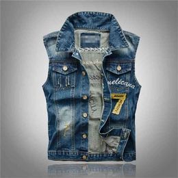yelek erkek Men's Patches Design Jeans Vest Ripped Denim Waistcoat Men Man Sleeveless Frayed size 5XL 210925