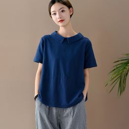 Johnature Summer Loose Leisure Patchwork Short Sleeve Cotton Linen T-shirt Simple Comfortable Solid Colour Women Tops 210521