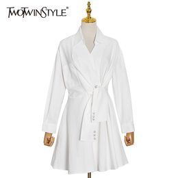 TWOTWINSTYLE Elegant Ruched Dress For Women Lapel Long Sleeve Lace Up White Mini Dresses Female Fashion Clothing 210517