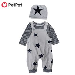 Cotton Casual born 3 Piece Fashion Striped Long-sleeved T-shirt Bib and Hat Suit Baby's Clothing 210528