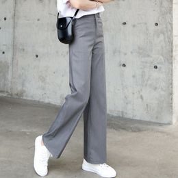 Grey Loose Solid Straight Leisure Summer OL Formal Texture All Match Plus Size Women High Waist Trousers Pants 210421