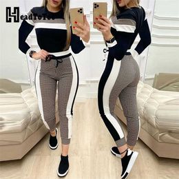 Colorblock Plaid Striped Long Sleeve Tape Top & Drawstring Pants Set Casual Basic Women Two Piece 211105