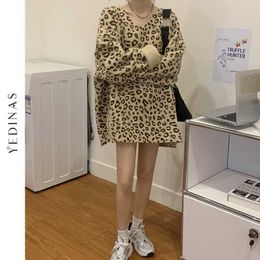 Yedinas Leopard Print Pullover Sexy V-neck Long Sweater Women Oversize Batwing Sleeve Winter Tops For Woman Vintage Sweaters 210527